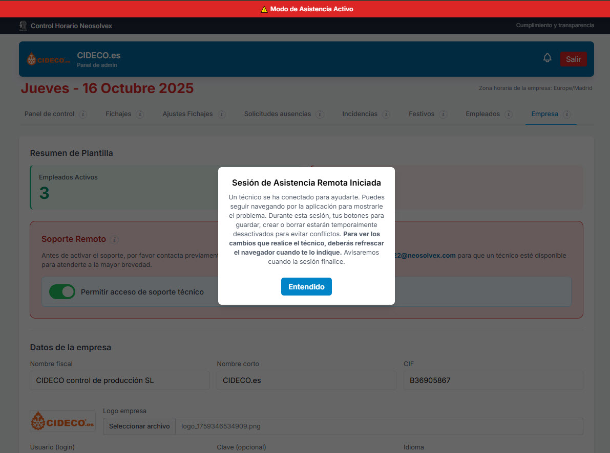 Banner de advertencia en rojo indicando que un técnico está conectado en modo de asistencia remota para dar soporte.