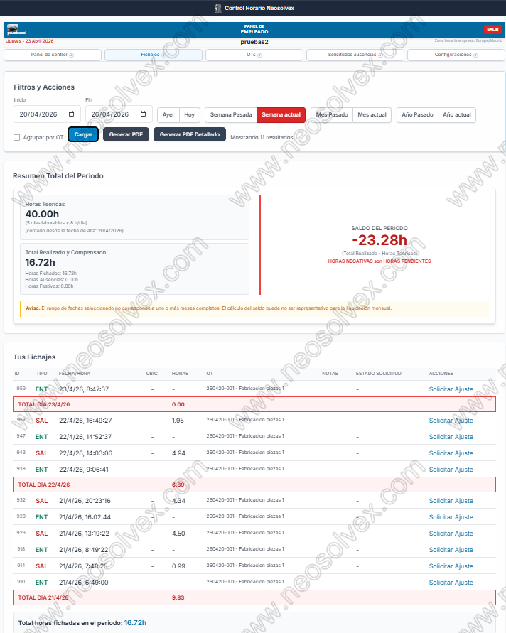 Historial de fichajes y registro horario de empleado