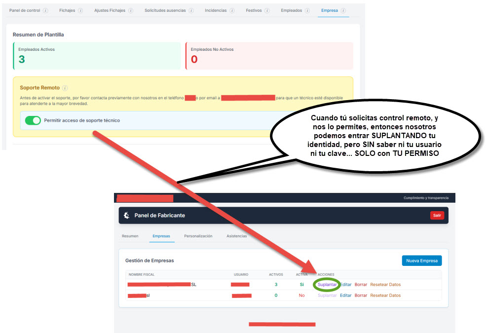 Captura de pantalla del software de control horario mostrando como un administrador activa el permiso de soporte remoto.