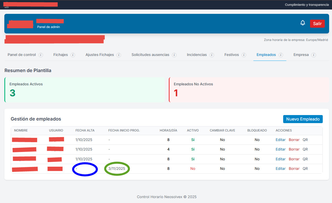 Panel de administración del software de registro horario mostrando la función de alta diferida para planificar la incorporación de un empleado.