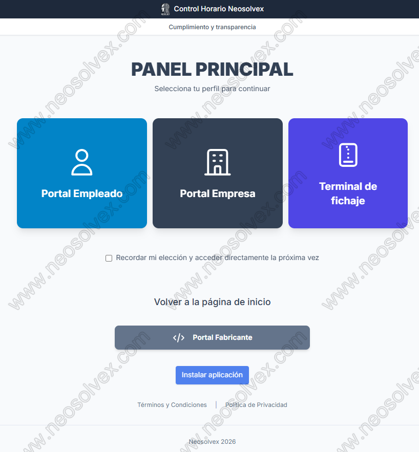 Panel principal del software de control horario para pymes Neosolvex