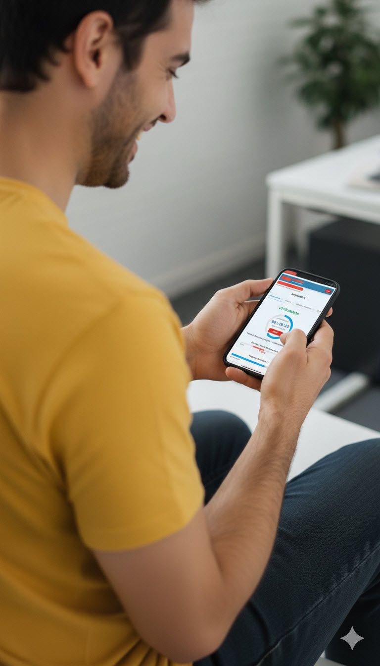 Empleado usando app de control horario en el móvil para fichar su jornada laboral, cumpliendo la ley de registro horario.