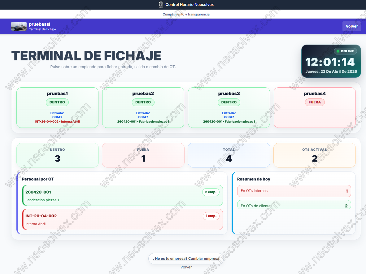 Terminal de fichaje para registrar entrada y salida de empleados